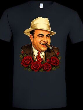 Al Capone With Roses Design Black Crew Neck Short Sleeve T-Shirt
